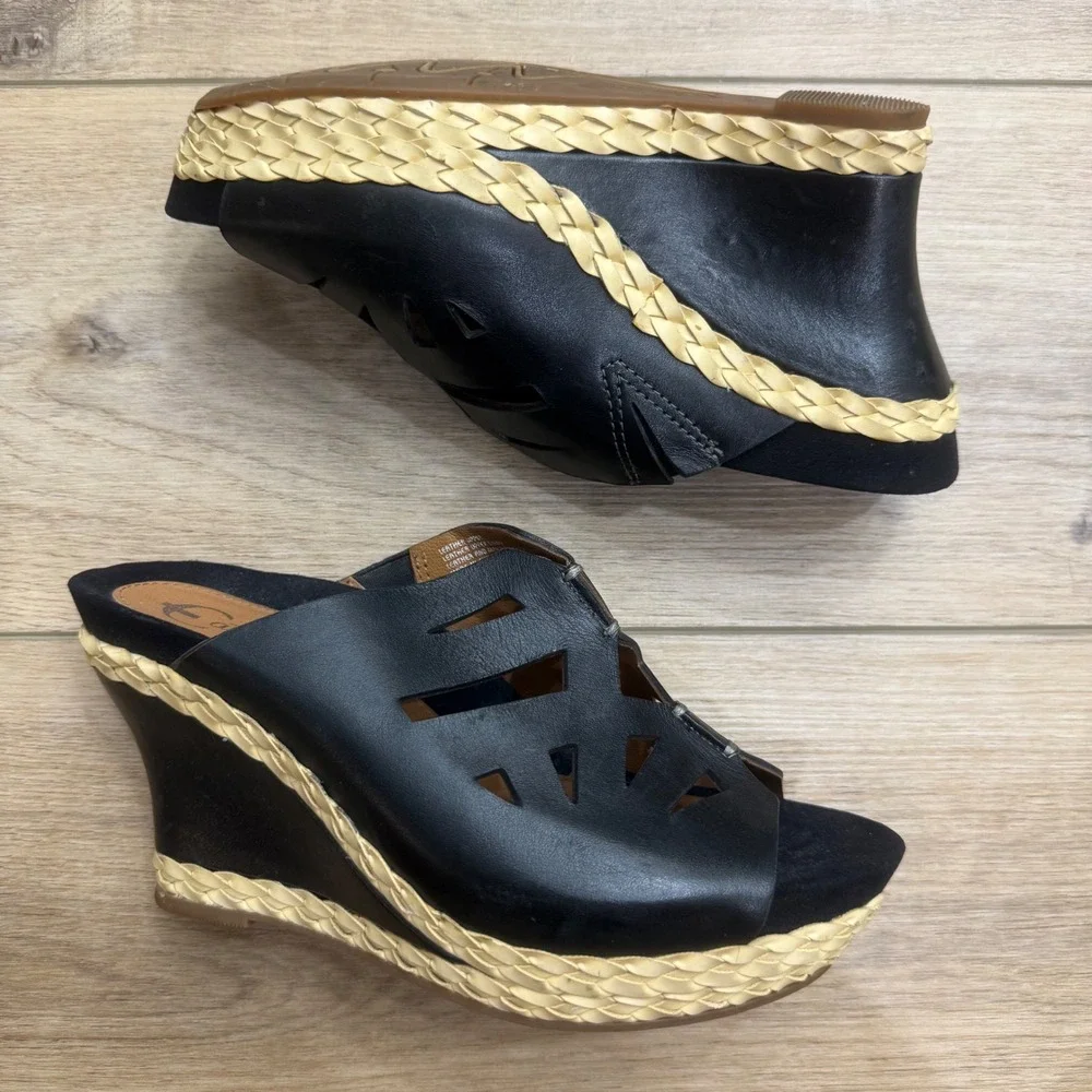 Earthies Setina Black Leather Cut Out Wedge Sandals Braided Trim Slide Mules 7